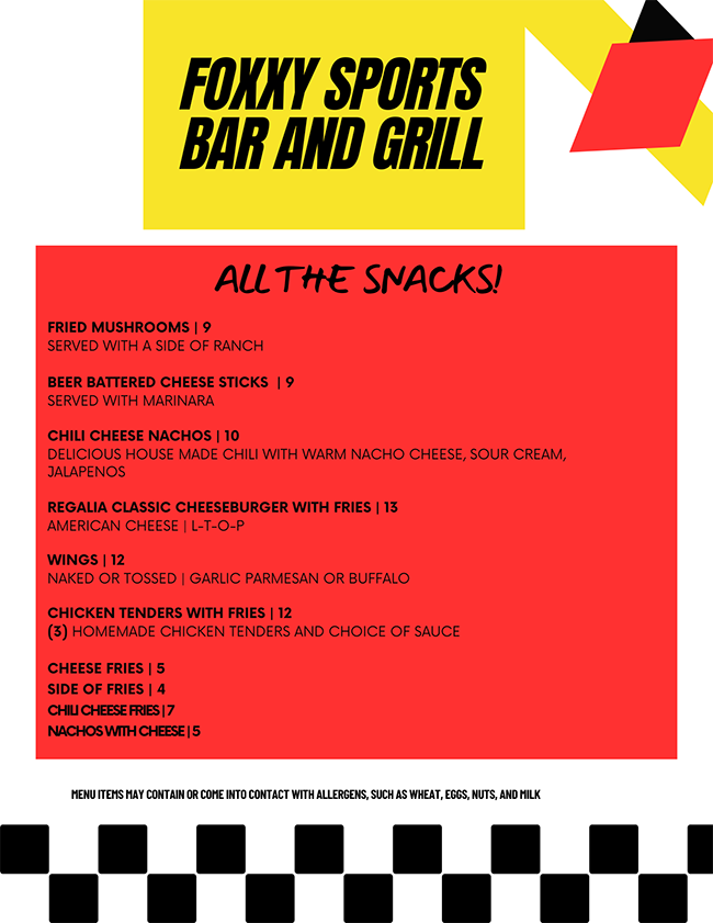 Foxxy Sports Bar Menu